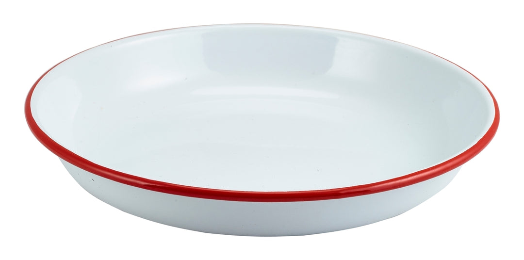 Berties Enamel Rice or Pasta Plate White with Red Rim 24cm Diameter