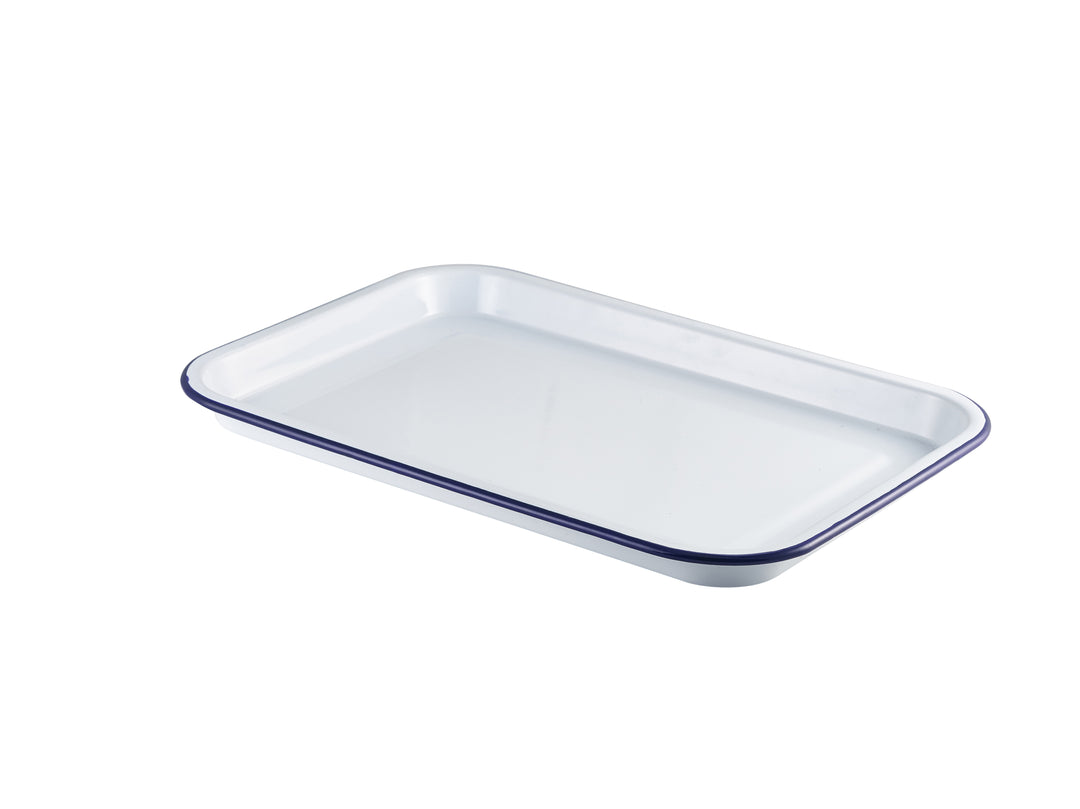 Berties Enamel Serving Tray White with Blue Rim 38.2x26.4cm