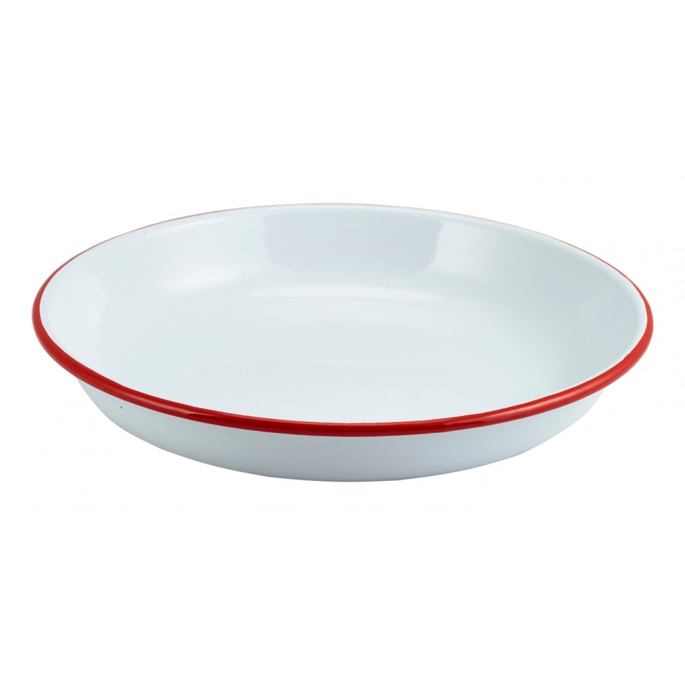 Berties Enamel Rice or Pasta Plate White with Red Rim 24cm Diameter