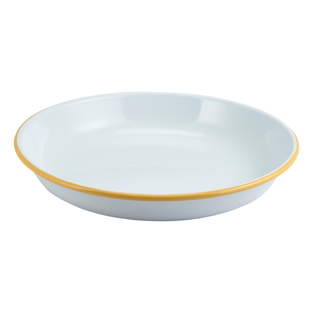 Berties Enamel Rice or Pasta Plate White with Yellow Rim 24cm Diameter